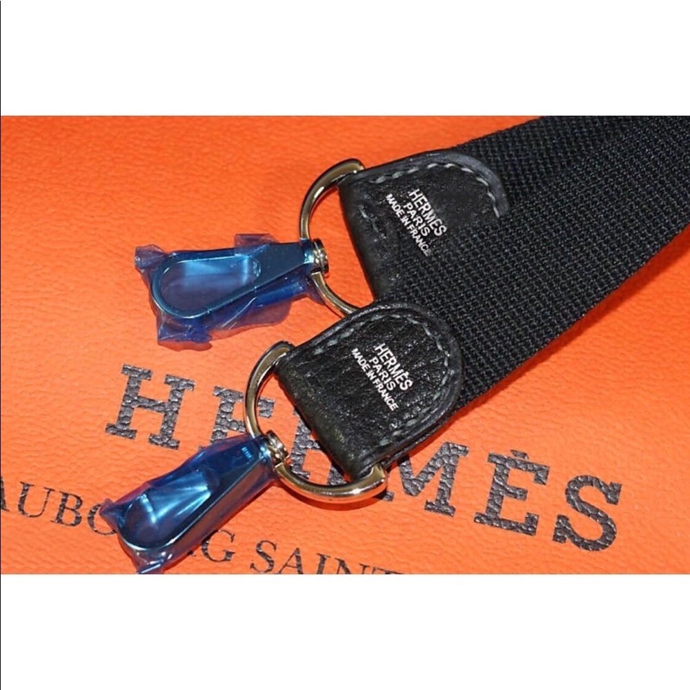 Hermès black leather & canvas shoulder strap new authentic w dust bag